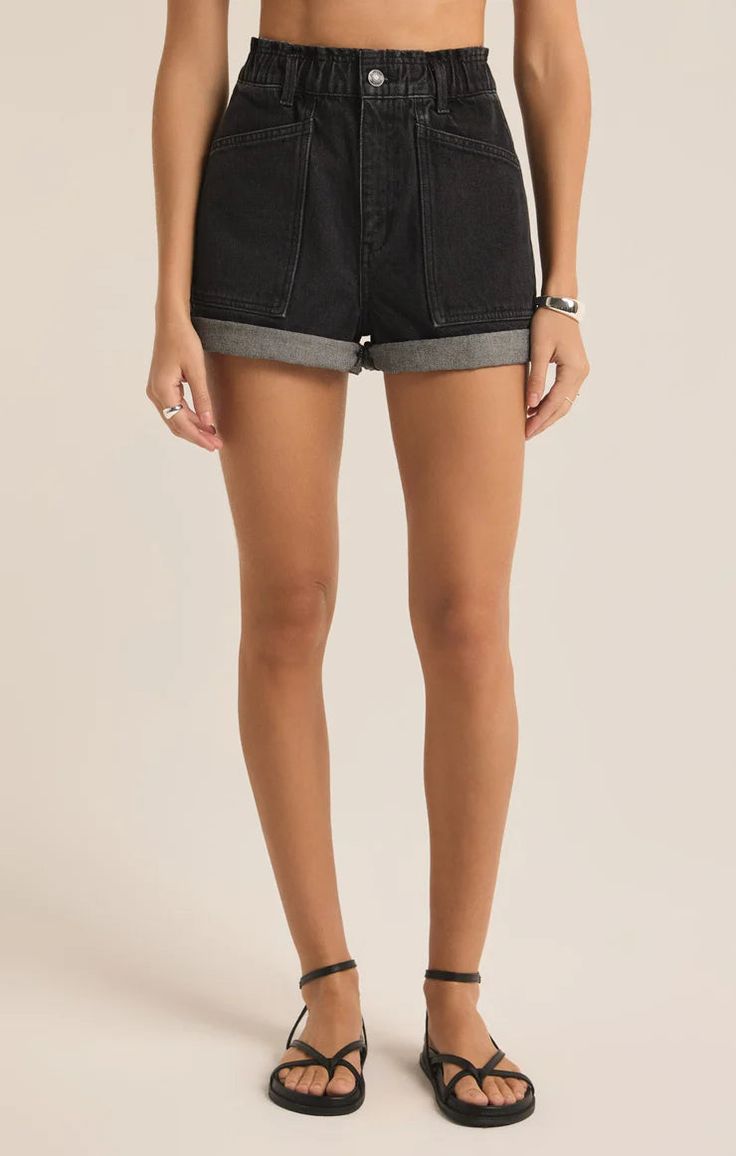 z supply odin denim short black paperbag elastic waist cuffed rolled hem front cargo utility pockets relaxed fit Cropped Denim Jacket, Denim Short, High Waisted Shorts Denim, Rolled Hem, Midi Maxi Dress, Short En Jean, Plus Size Swimwear, Romper Pants, Long Blouse