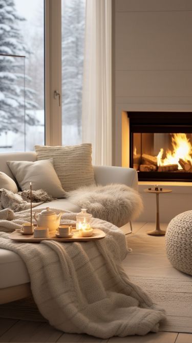 a living room filled with furniture and a fire place next to a large glass window