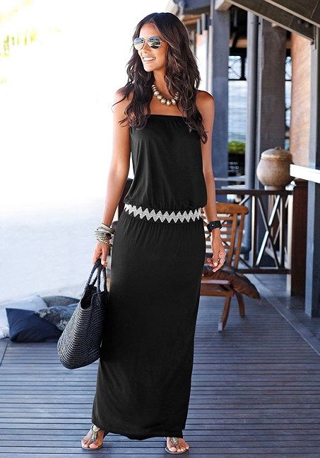 Bandeau Waist Maxi Dress from LASCANA Bandeau Maxi Dress, Sleeveless Dresses Casual, Stitching Dresses, Maxi Robes, Maxi Dresses Casual, Summer Maxi Dress, Long Black, Printed Maxi Dress, Black Maxi Dress