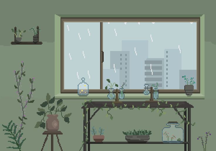 a room with plants and potted plants in the window sill next to a table