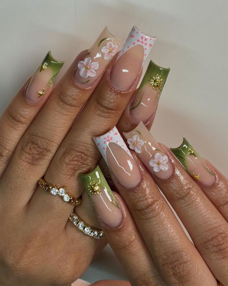 i love green and pink together 🥹🌷 #nails #nailtech #nycnails #nycnailtech #acrylicnails #3dflowers #frenchnails | Instagram Nyc Nails, Hippie Nails, Girly Acrylic Nails, Green Nail, Really Cute Nails, Unique Acrylic Nails, Pink Acrylic Nails, Square Acrylic Nails, Fire Nails