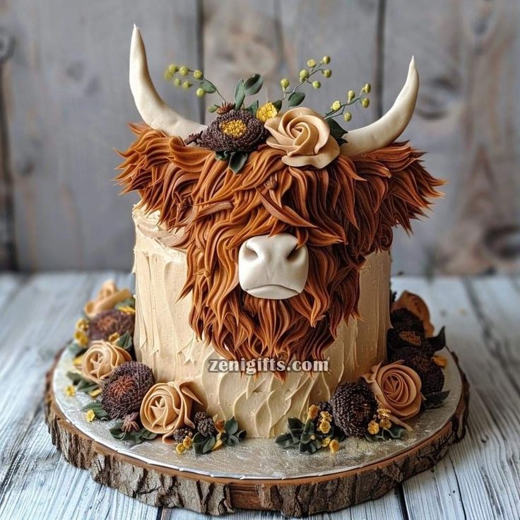 a cake decorated with an animal's head and flowers