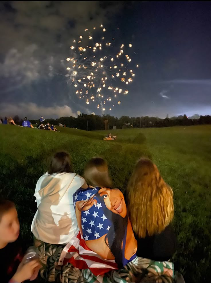 people sitting in the grass watching fireworks