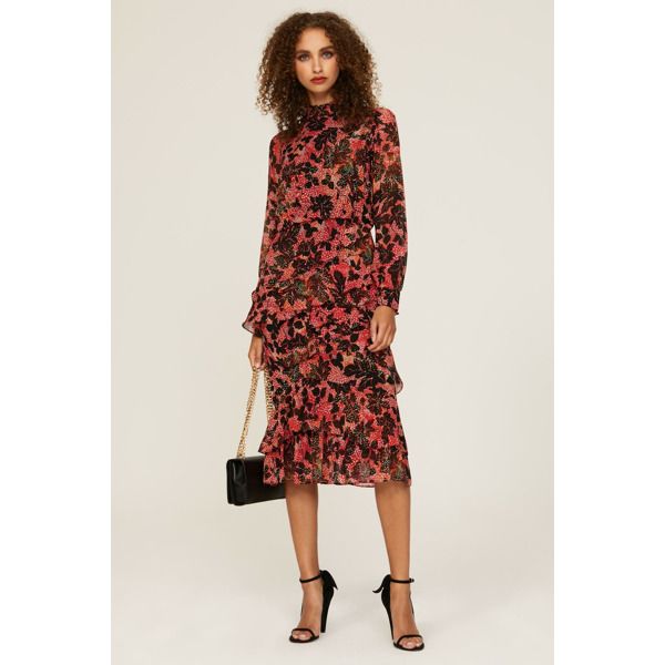 Red floral satin (100% Silk). Hourglass. Long sleeves. Mock neck. Back zipper closure. 46.5" from shoulder to hemline. Imported. Feminine Floral Dress With Ruffle Hem For Parties, Elegant Red Floral Midi Dress, Floral Midi Dress With Ruffles For Party, Chic Knee-length Floral Dress With Ruffles, Party Floral Midi Dress With Ruffles, Elegant Ruffled Floral Dress For Date Night, Long Sleeve Floral Dress With Ruffles For Party, Fitted Floral Dress With Ruffles For Fall, Chic Midi Floral Dress With Ruffle Hem