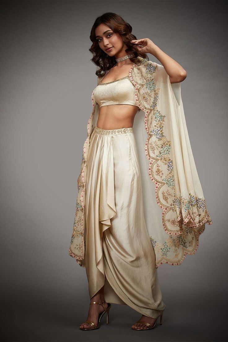 Dhoti Skirt, Indian Outfits Modern, Embroidered Cape, Trendy Outfits Indian, Indian Outfits Lehenga, Ritu Kumar, Draping Fashion, Indian Dresses Traditional, Ivory Fabric