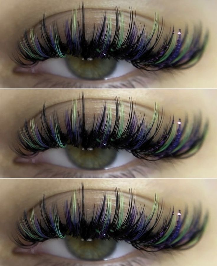 Eyelash Extensions With Green, Colorful Lashes Extensions, Neon Lash Extensions, Lash Inspo Eyelash Extensions Color, Purple Lashes Extensions, Lash Sets With Color, Halloween Lashes Extensions, Creative Lash Extensions, Colorful Lash Extensions