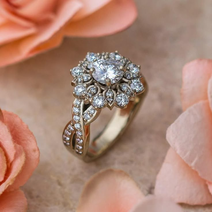 two wedding rings sitting next to pink roses on top of a table with petals in the background