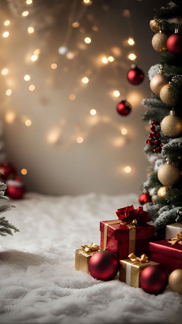 a christmas tree with presents in front of it