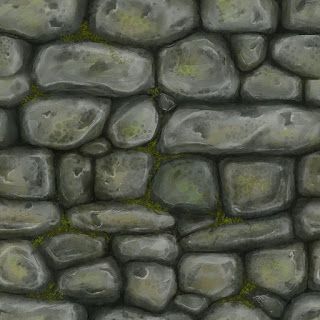 a stone wall with green moss growing on it's sides and some rocks in the middle