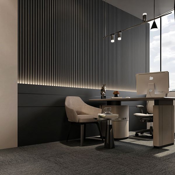 an office with a desk, chair and laptop on the table in front of a large window