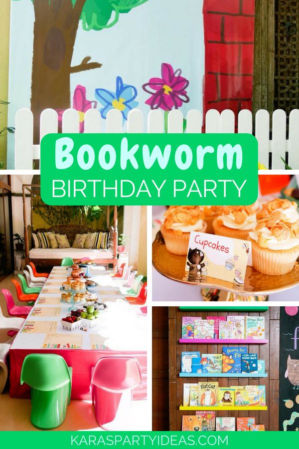 a book worm birthday party with books and cupcakes