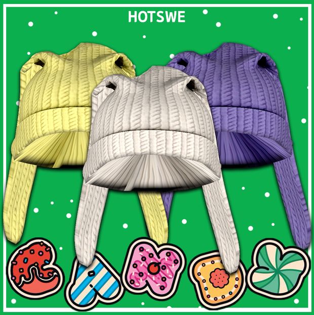 two knitted hats with donuts on them and the words hotswe written below