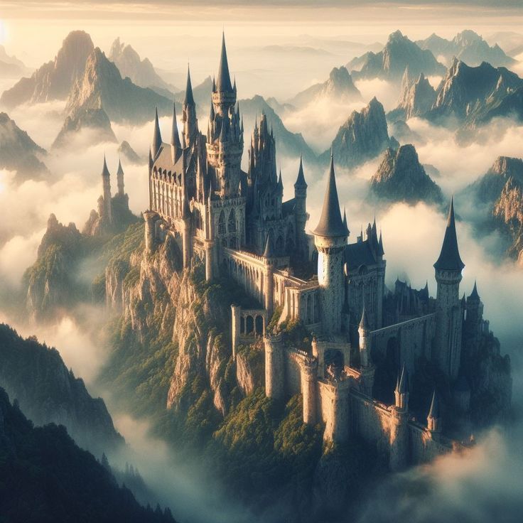 an image of a castle in the sky above the clouds and mountains that surround it