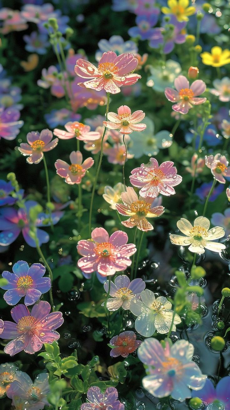 many different colored flowers are in the grass