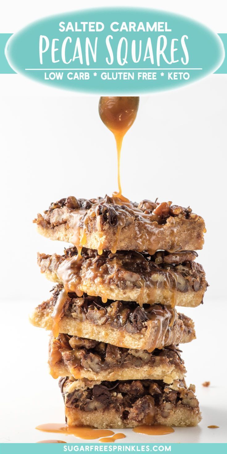 salted caramel pecan squares are stacked on top of each other and drizzled with honey