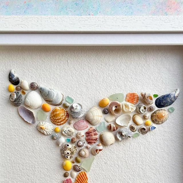 a white frame with shells in it and the letter y on it's side