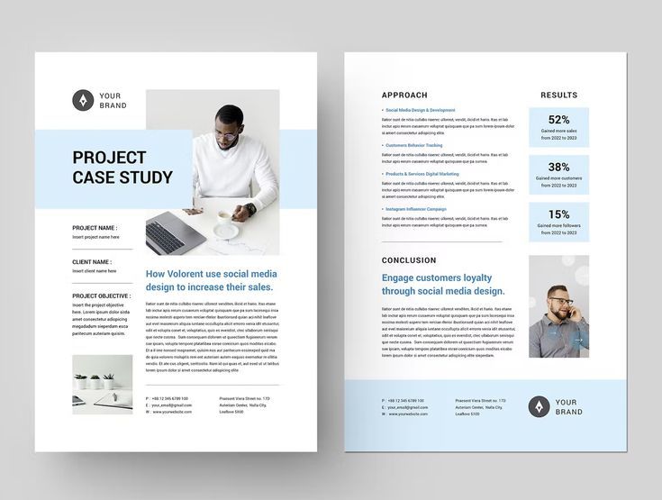 a blue and white brochure with an image of a man working on a laptop