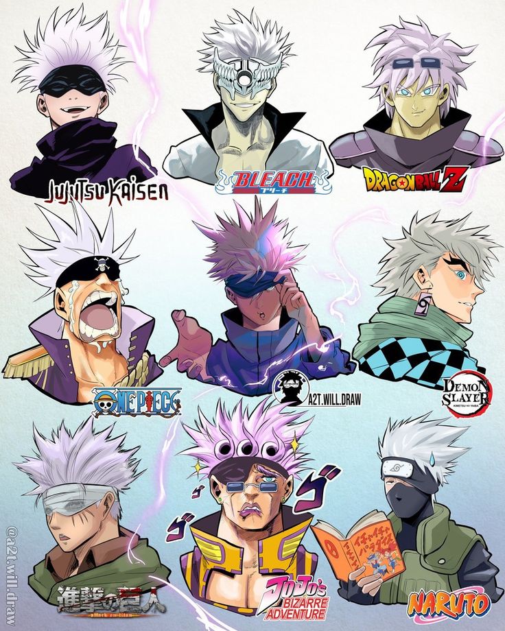 an image of different characters from the same anime character, one with white hair and two with