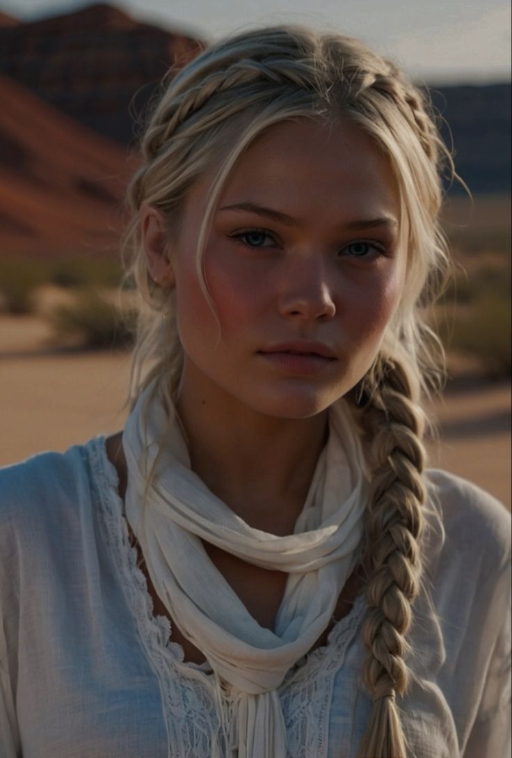 a woman with long braids standing in the desert