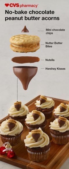 chocolate cupcakes with white frosting and peanut butter on top are shown in this ad for cv's pharmacy