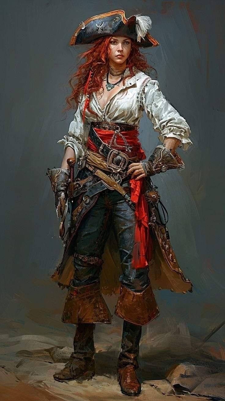 a painting of a woman dressed as a pirate with red hair and an eye patch