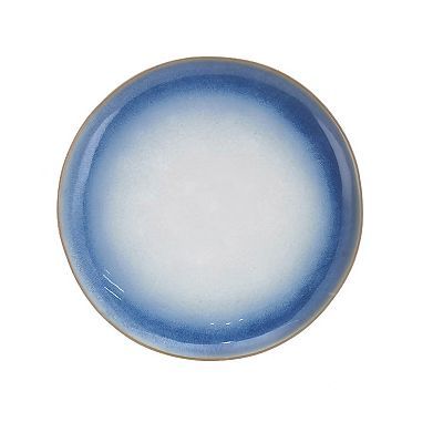 a blue and white plate on a white background