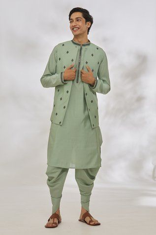 Shop for Manish Nagdeo Green Modal Diamond Pattern Bundi And Kurta Set for Men Online at Aza Fashions Sleeveless Kurta, Asymmetric Tunic, Green Thread, Kurta Set For Men, Rohit Bal, Tarun Tahiliani, Draped Skirt, Nehru Jackets, Fern Green