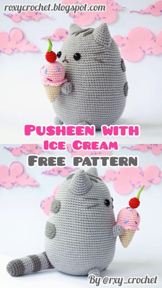 a crocheted stuffed animal with an ice cream cone in it's mouth