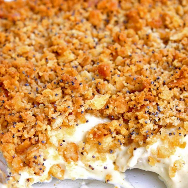 a close up of a cake with crumbs on it