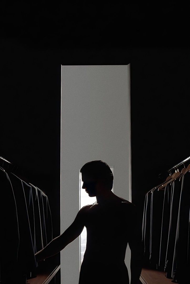 a woman standing in front of a closet with clothes on hangers and an open door