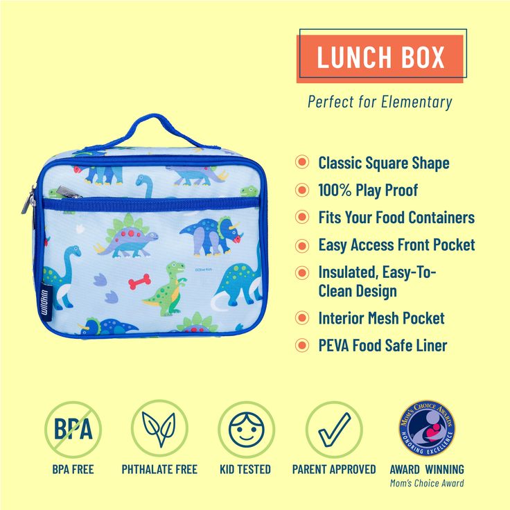 100% play proof and perfect for elementary age, Wildkin’s classic square shaped lunch box in blue for boys and girls is designed to help you and the environment by offering a fun and reusable option for lunch and snack time. Apart from the roomy main compartment, this lunch box features a zippered front pocket that is perfect for hiding a surprise treat or securing sweet notes. The lunch box also features an interior mesh pocket for storing napkins, utensils or an ice pack. Sized just right for Cold Snacks, Dinosaur Land, Time Apart, Kids Lunch Bags, Lunch Box Bag, Insulated Lunch Box, Brown Paper Bag, Ice Pack, Kids Lunchbox