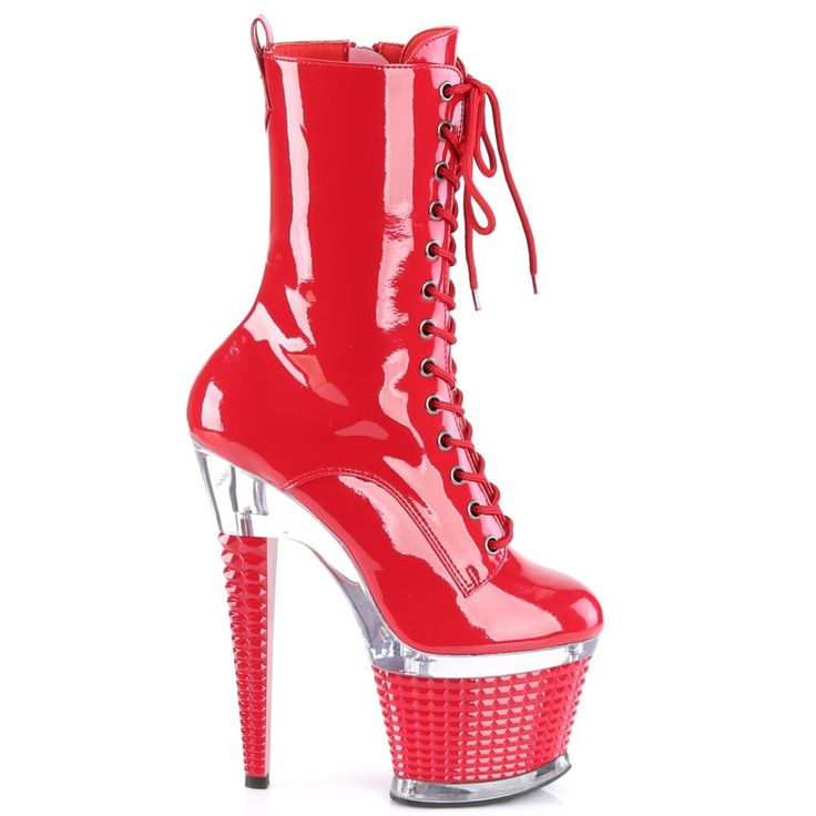 7" High Heel, 3" Platform Lace Up Mid Calf Ankle Boots. Textured Detail And Inside Zipper Closure. Clear And Red Vegan Faux Patent Leather. Styles: Clubbing Dancing Dancer Stripper Ceps-1040 Vegan Heels, 7 Inch Heels, Red Platform, Pleaser Shoes, Platform Stilettos, Knee Boot, Platform High Heels, Lace Up Ankle Boots, Calf Boots