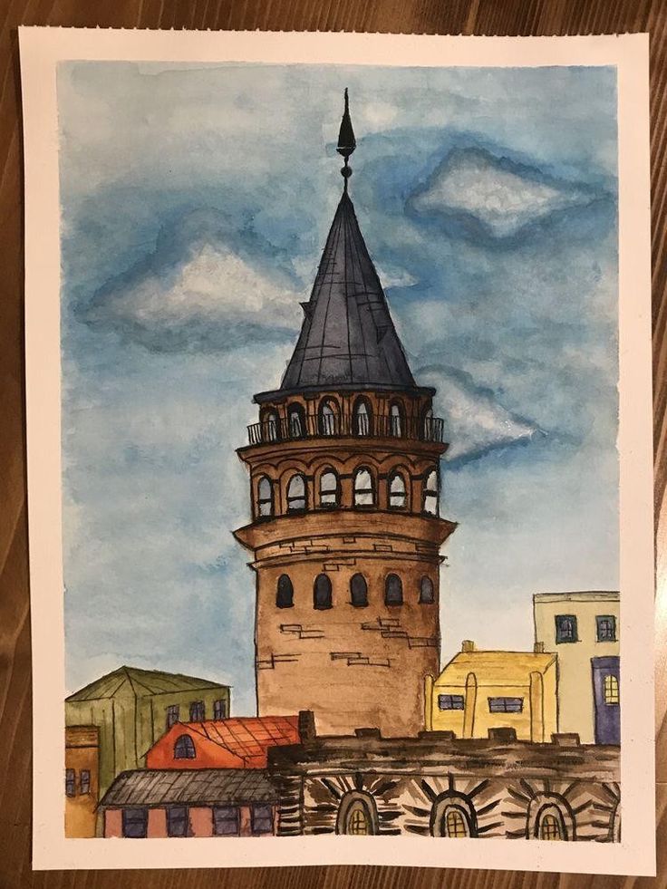 a drawing of a tower with a sky background