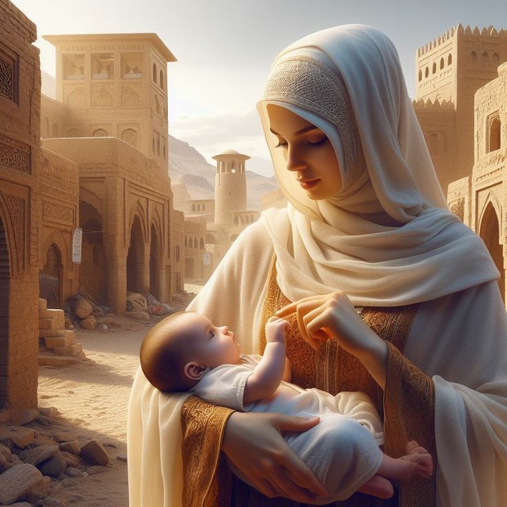 a painting of a woman holding a baby in front of an ancient cityscape