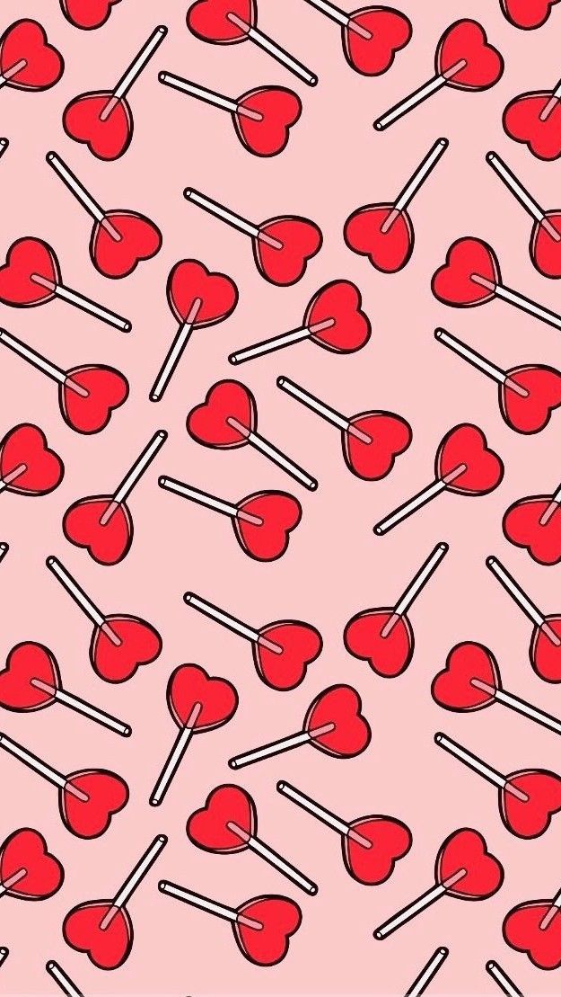 a pink background with hearts and lollipops on sticks in the shape of hearts