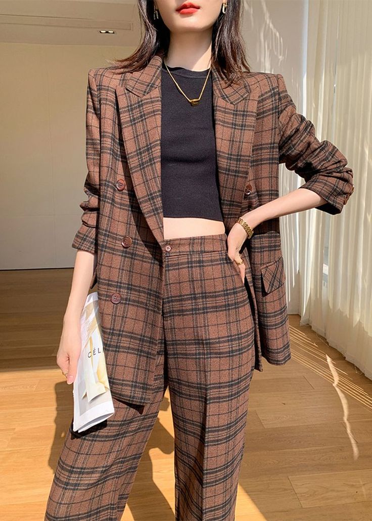 Indulge in luxury with our Nadia Coffee Plaid Blazer Wide Leg Pantsuit. This double-breasted set features a sophisticated and exclusive coffee plaid blazer and wide leg pants. Elevate your style and make a statement with this elegant and tasteful ensemble. Perfect for the fashion-forward and confident woman. Notched lapels Long sleeve Double-breasted button closure Wide leg pants Polyester,Spandex Item #241172 Women's blazer & wide-leg pants set SIZE INFO XS=US2=UK6=EU32 S=US4-6=UK8-10=EU34-36 M Brown Workwear Sets With Suit Collar, Brown Double-breasted Blazer For Office, Brown Fall Pantsuit For Office, Brown Workwear Sets For Fall, Brown Sets For Workwear In Fall, Fall Double-breasted Sets For Office, Brown Double-breasted Fall Suit, Fall Double-breasted Office Sets, Brown Double-breasted Suit For Fall