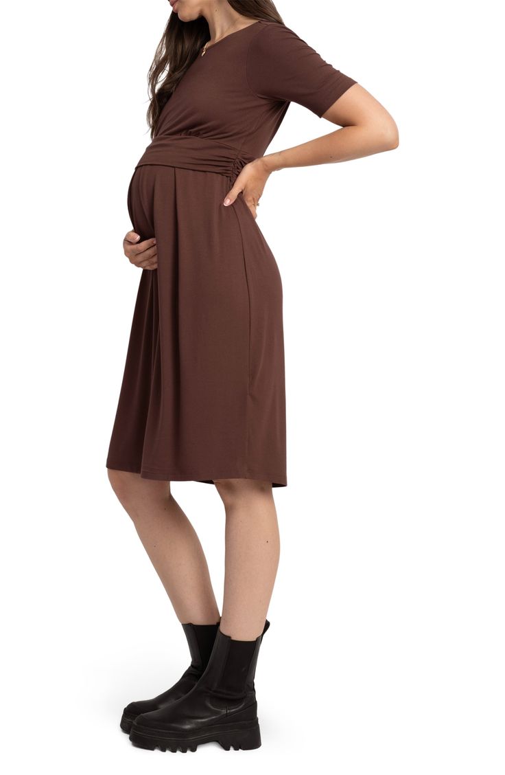 Make on-the-go nursing a breeze without compromising on style in this party-ready dress boasting soft pleats to accommodate your growing belly. Slips on over head Boat neck Short sleeves 95% viscose, 5% elastane Machine wash, line dry Made in Turkey Summer Maternity Dress With Ruched Detail, Elegant Nursing Friendly V-neck Dress, Nursing Friendly Empire Waist Maternity Dress, Maternity Nursing-friendly Empire Waist Dress, Maternity Empire Waist Dresses Nursing Friendly, Nursing Friendly Maternity Dress With Empire Waist, Chic Nursing Friendly Maternity Dress, Chic Maternity Dress Nursing Friendly, Empire Waist Maternity Dress, Nursing Friendly