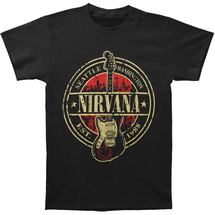 a black t - shirt with the words nirvana and an image of a guitar on it