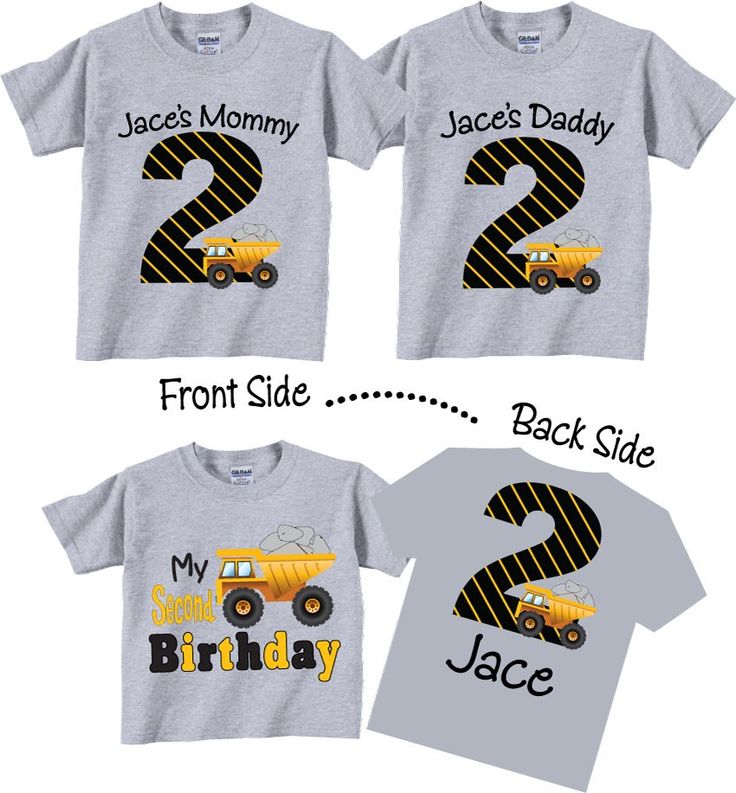 three matching shirts with the number 2 and two trucks on them, one for each child's birthday