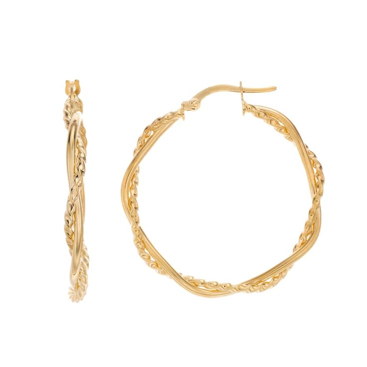 These trendy 14k gold hoop earrings put a modern twist on a timeless classic. These trendy 14k gold hoop earrings put a modern twist on a timeless classic. EARRING DETAILS Diameter: 34.8 mm Backings: click-it Metal: 14k gold Finish: textured Packaging: boxed Size: One Size. Color: Yellow. Gender: female. Age Group: adult. 14k Gold Hoop Earrings With A Modern Twist, Yellow Gold Hoop Earrings With A Modern Twist, Modern Twist 14k Gold Hoop Earrings, Modern Twist Yellow Gold Hoop Earrings, Elegant Twisted Tarnish-resistant Hoop Earrings, Elegant Twisted Hoop Earrings For Everyday, Small Hoop Earrings With Modern Twist For Formal Occasions, Modern Twist Hoop Earrings For Anniversary, Modern Twist Small Hoop Earrings In Yellow Gold