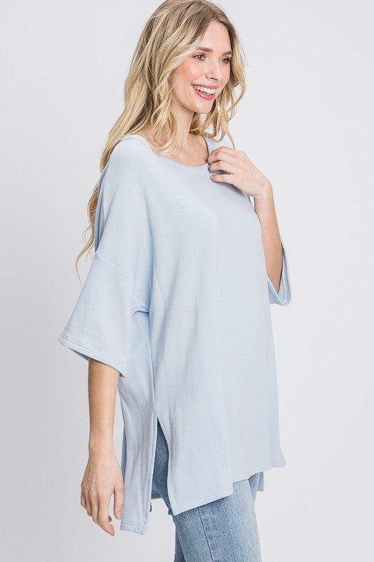 OVERSIZED ROUND NECK SHORT SLEEVE 80% POLYESTER 15% RAYON 5% SPANDEX Relaxed Stretch Cotton Tops, Light Wash Tops For Loungewear, Relaxed Stretch Tops For Layering, Soft-washed Stretch Tops For Spring, Oversized Light Wash Tops For Spring, Spring Crew Neck Tops For Loungewear, Soft-washed Stretch Tops For Loungewear, Trendy Light Wash Stretch Tops, Light Wash Tops For Summer Loungewear