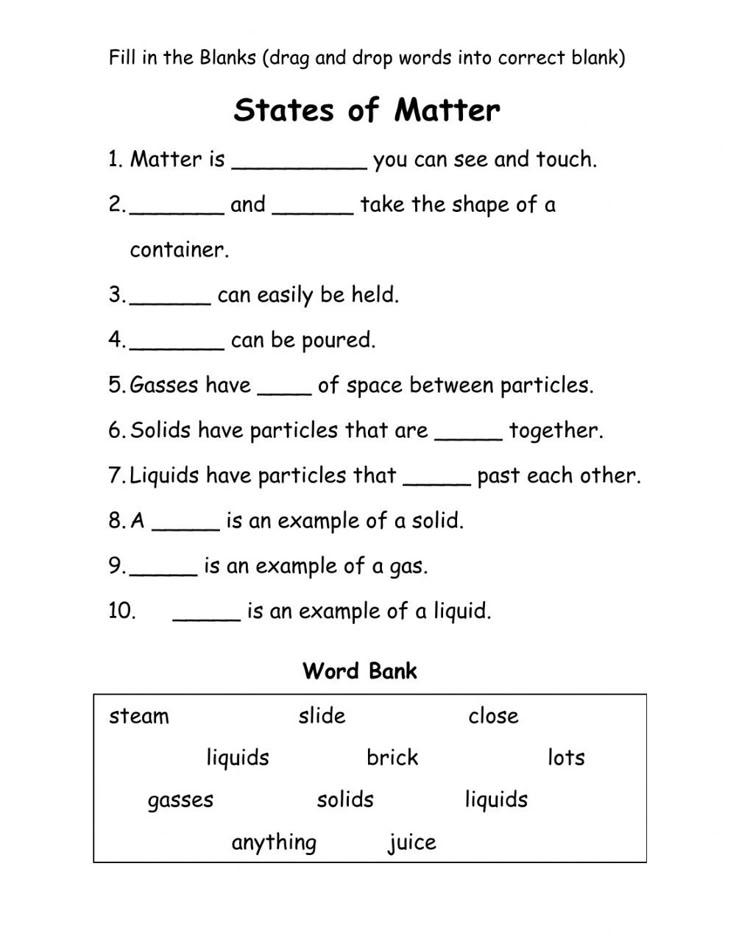 the states of matter worksheet is shown in black and white, with text