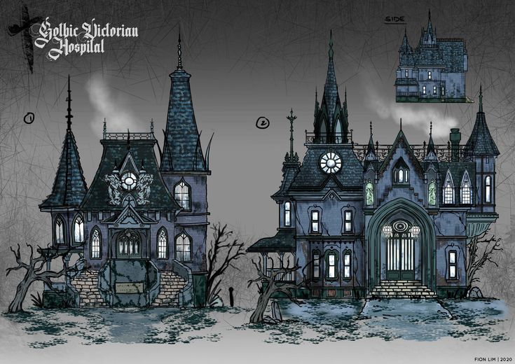 an image of a gothic house with clocks on it