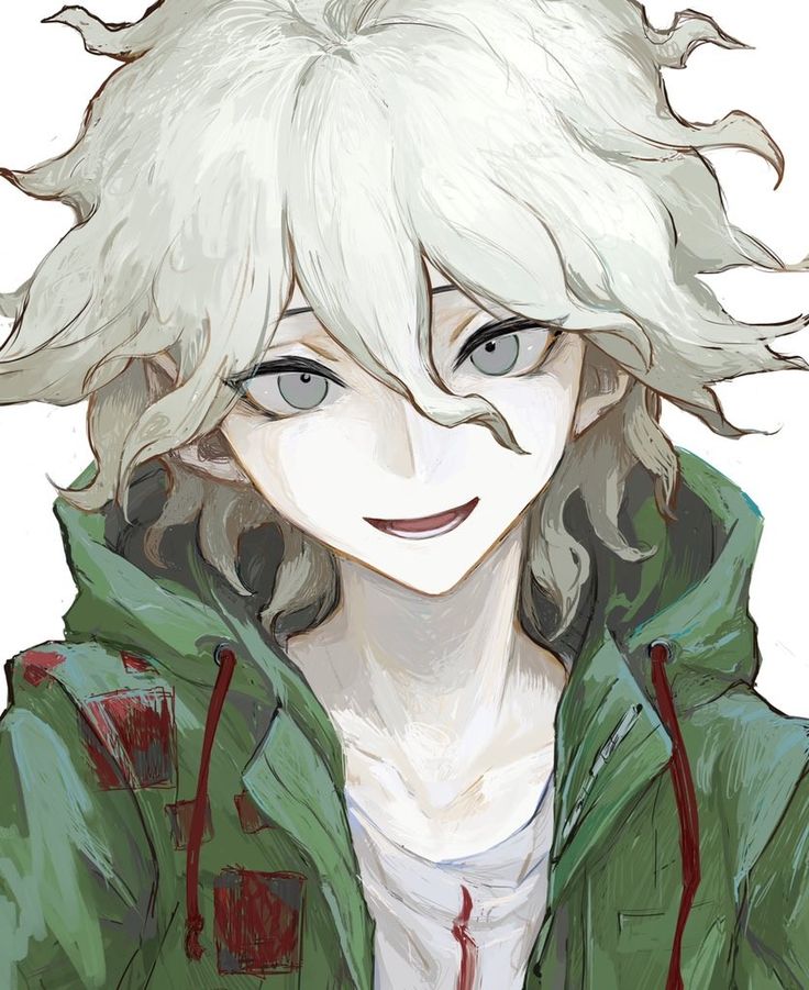 an anime character with white hair and blue eyes, wearing a green hoodie while looking at the camera