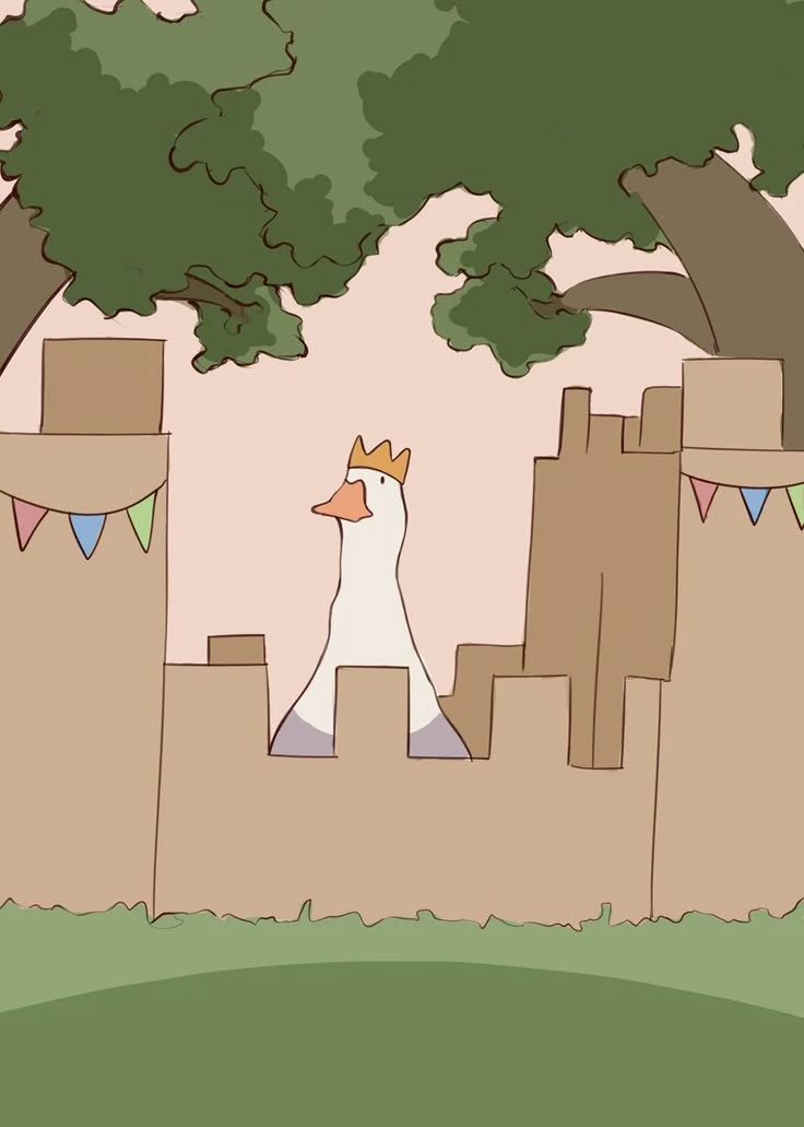 a cartoon duck with a crown standing in front of a castle and flags hanging from it's sides