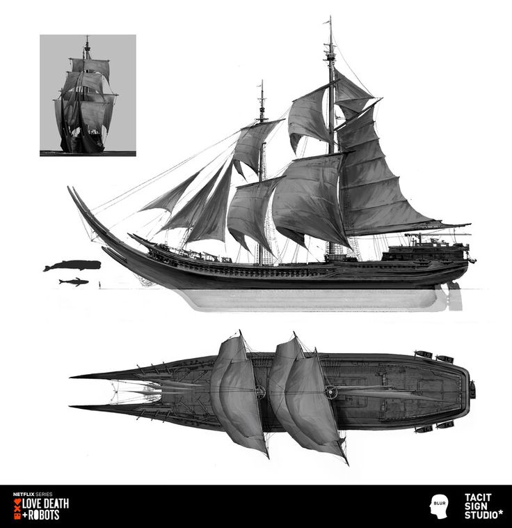 an old ship is shown in three different views, including one with sails and the other without