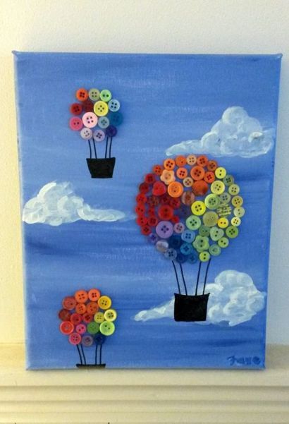 a painting with buttons in the shape of hot air balloons flying through the blue sky