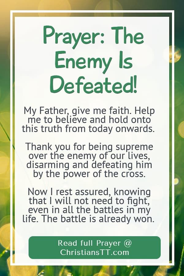 a prayer card with the words pray the enemy is defated in green and white