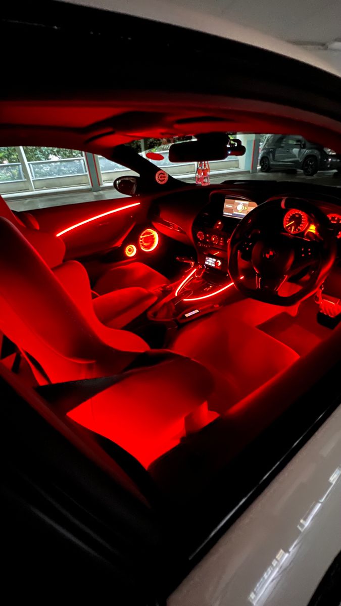 Led Car Lights Interior Red, Hellcat Interior Aesthetic, Black Cars With Red Interior, Red Interior Car Aesthetic, Black And Red Car Interior, Red Car Interior Decor, Red Baddie Aesthetic, Cars With Led Lights, Inside Car Aesthetic