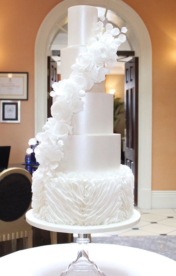 a white wedding cake sitting on top of a table